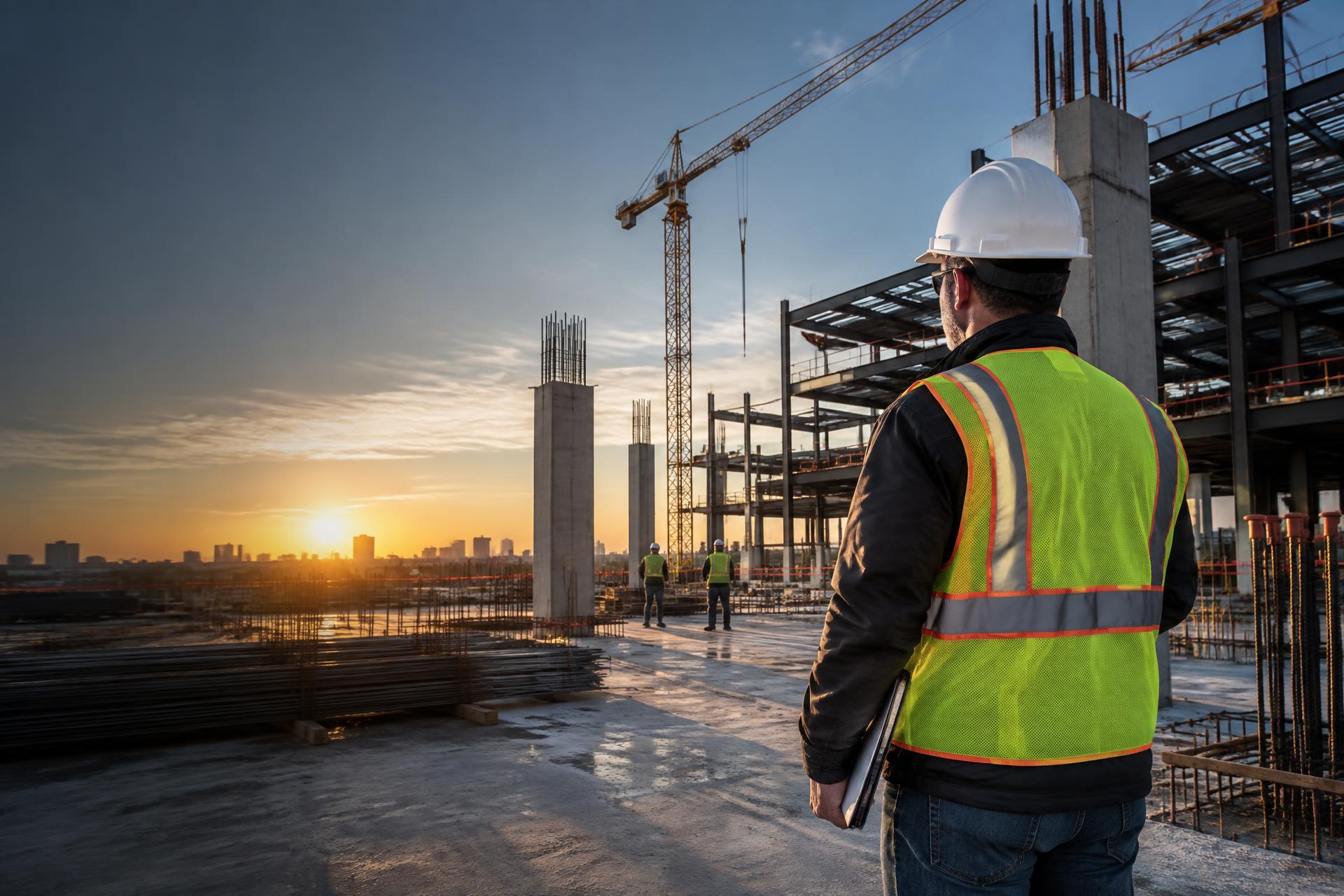 Superintendent surveying an active concrete and steel jobsite